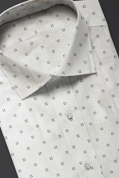 White Printed Cotton Shirt with Minimal Black Dot Pattern