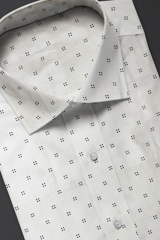 White Printed Cotton Shirt with Minimal Black Dot Pattern
