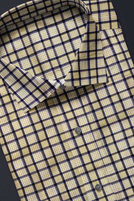 Yellow & Navy Checkered Cotton Shirt