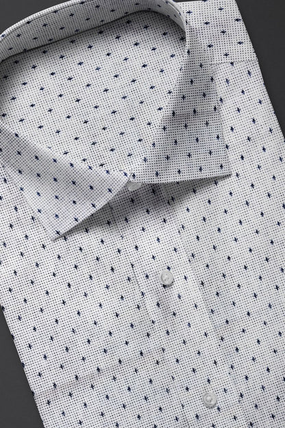 White Printed Cotton Shirt with Minimal Blue Star Pattern