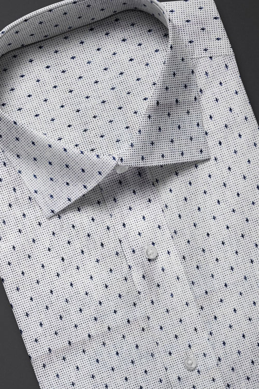 White Printed Cotton Shirt with Minimal Blue Star Pattern