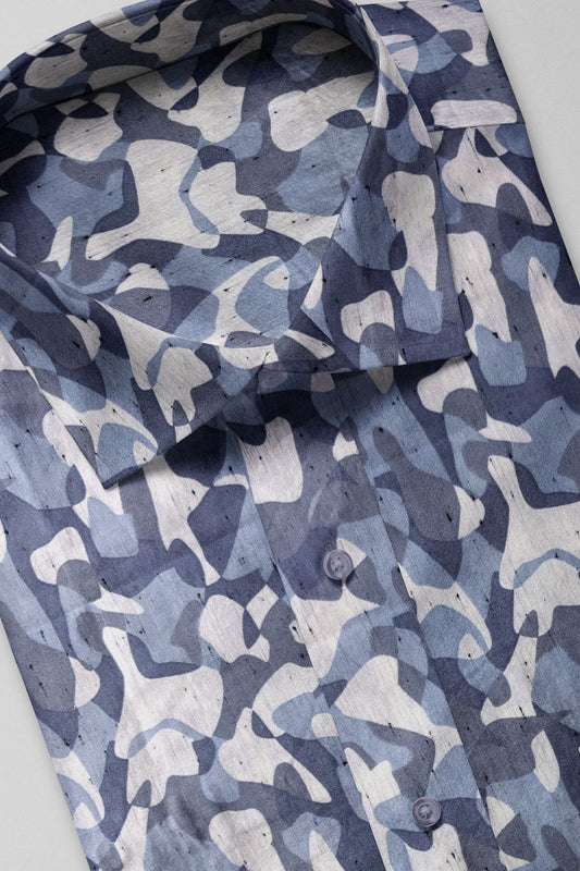 Blue-Grey Camouflage Printed Cotton Shirt